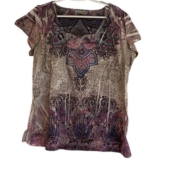 Unity Burgendy Blouse Sz 1XL Short Sleeves Unique Neckline Casual Work - Picture 1 of 5